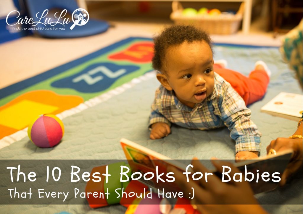 Infant reading a baby book on the floor at daycare, Best books for babies